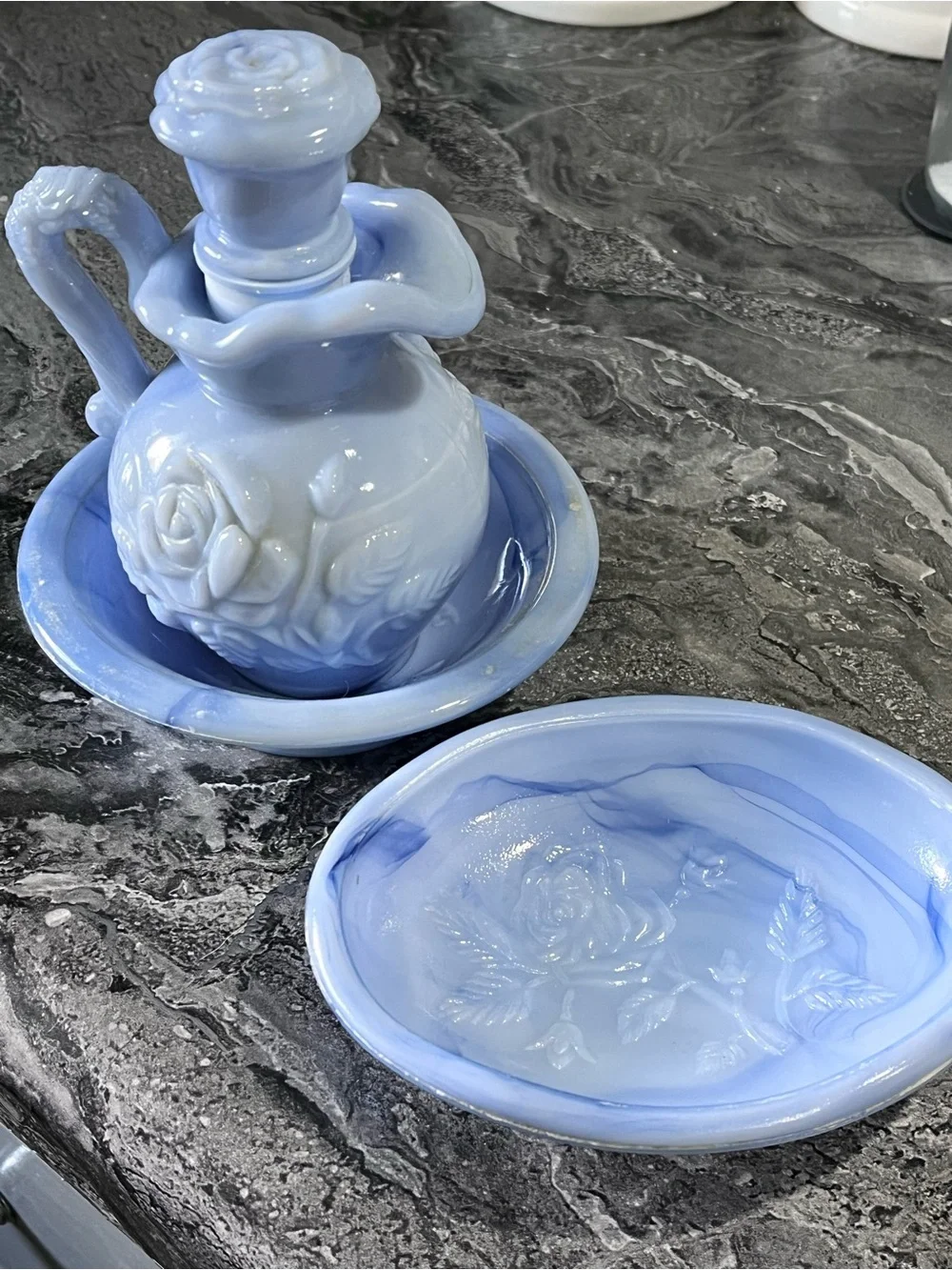 Vintage Avon 1978/1979 Blue Slag Glass Vanity Set 3-Pc Mint